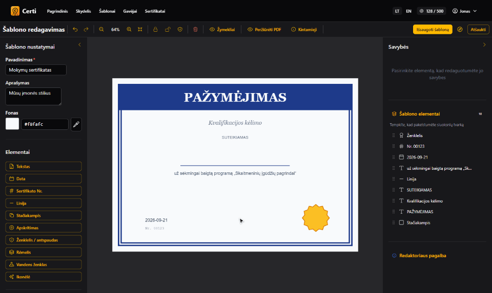Šablono redaktorius: į sertifikatą įtraukiami gavėjo vardas ir pavardė, pakeičiamas šriftas ir spalva, šablonas išsaugomas